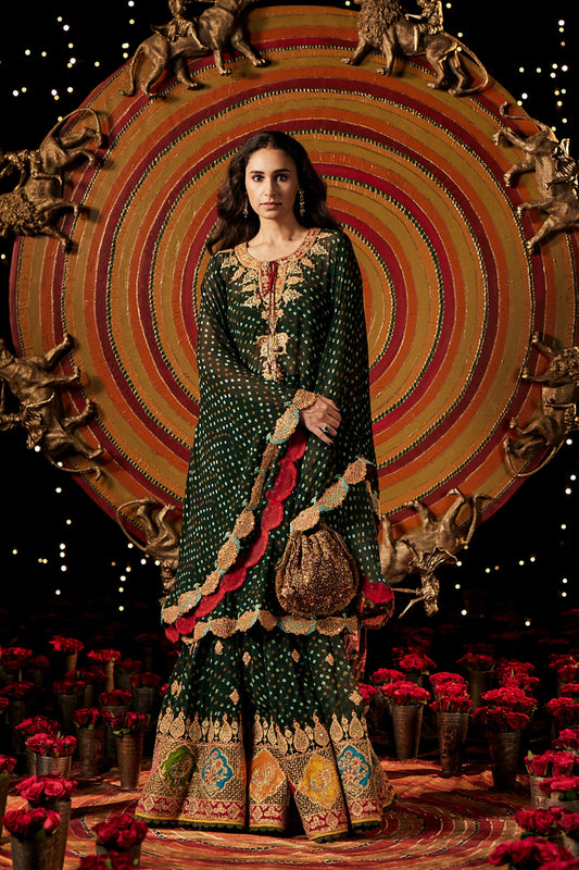 Deep Green Bandhej Kaftan & Gharara