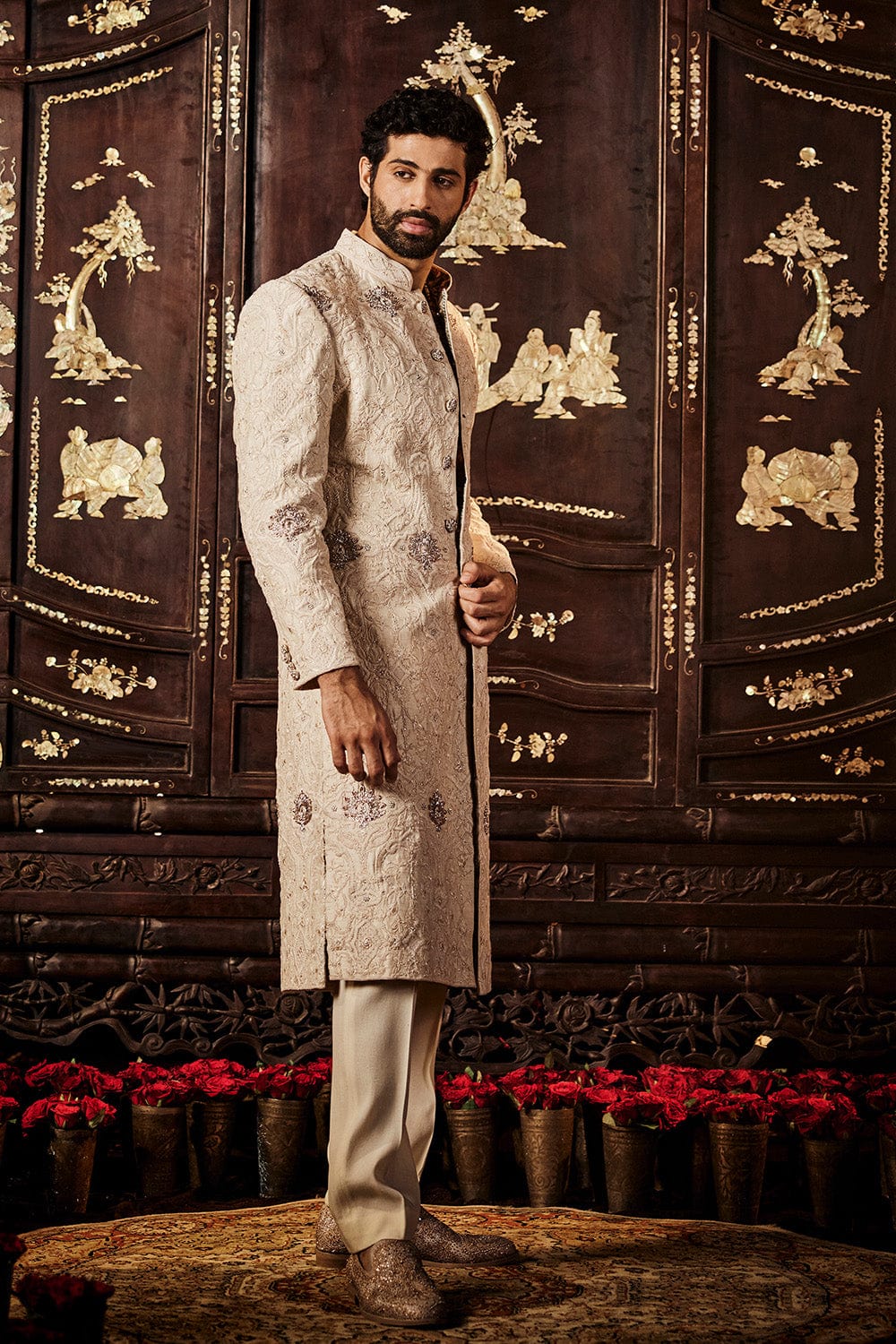 A Tonal Ivory Silk Sherwani