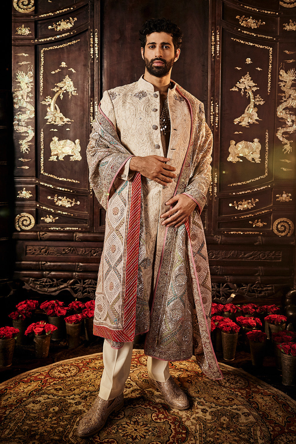 A Tonal Ivory Silk Sherwani