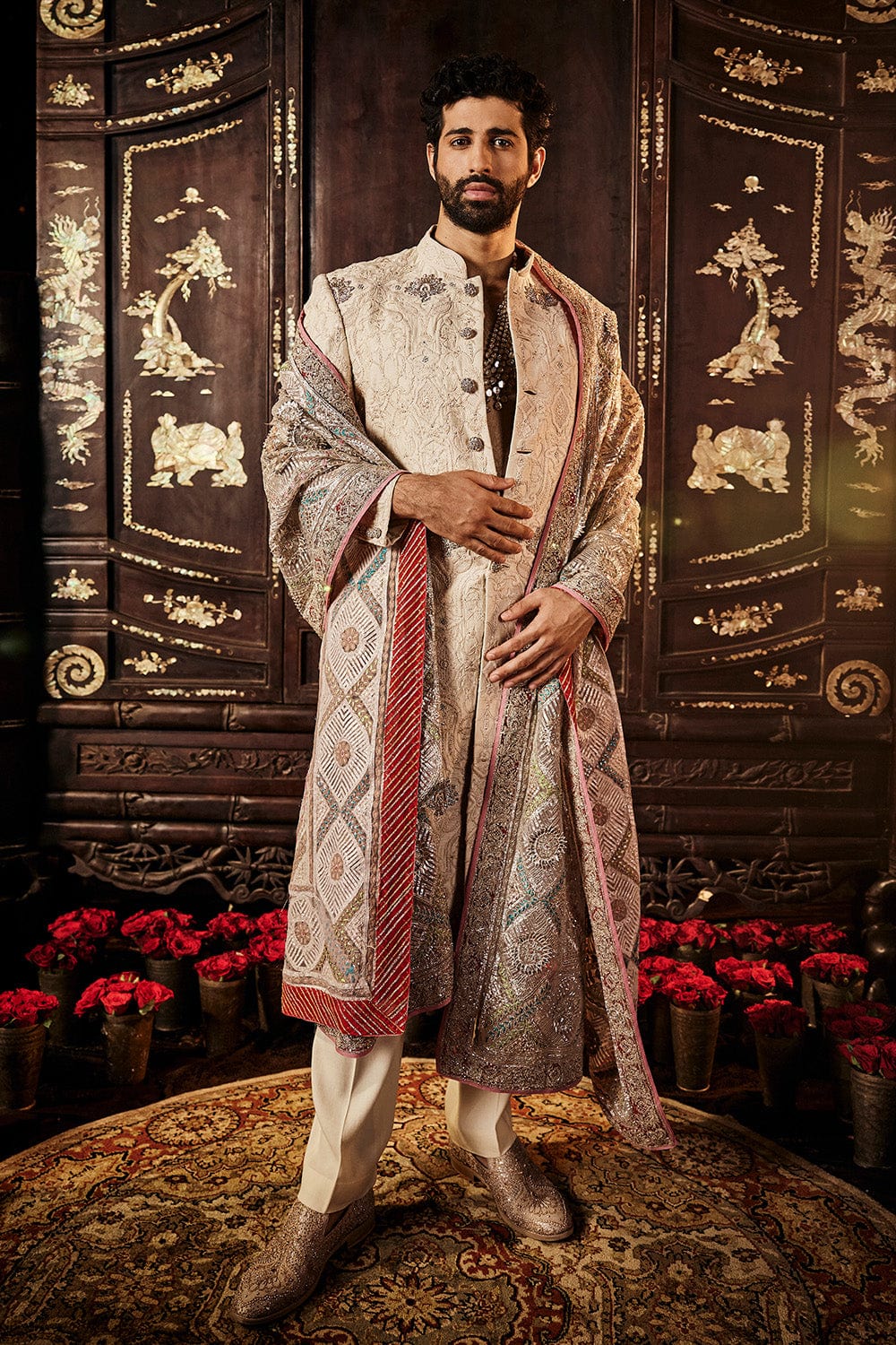 A Tonal Ivory Silk Sherwani