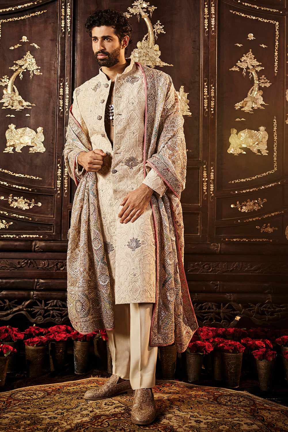 A Tonal Ivory Silk Sherwani