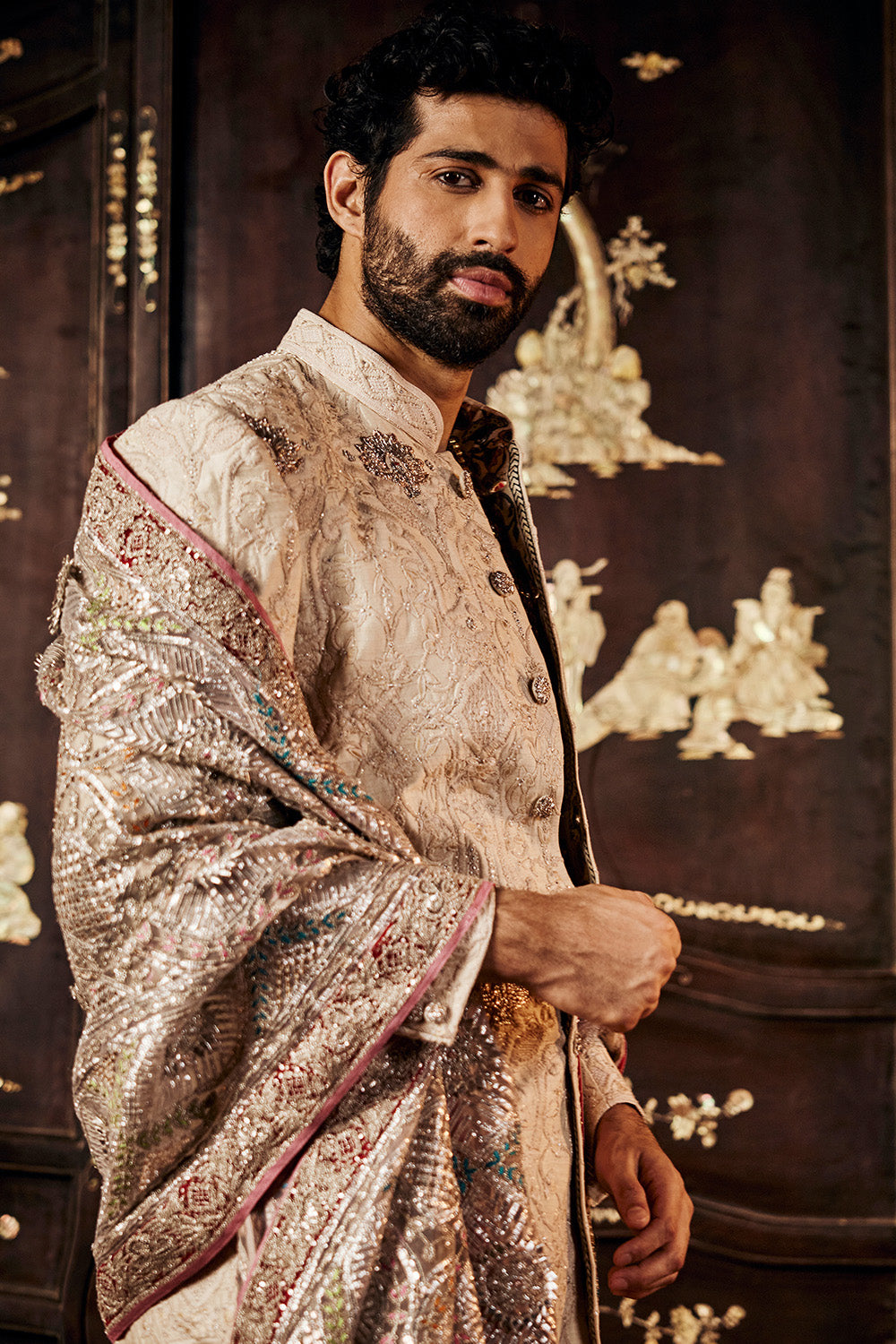A Tonal Ivory Silk Sherwani