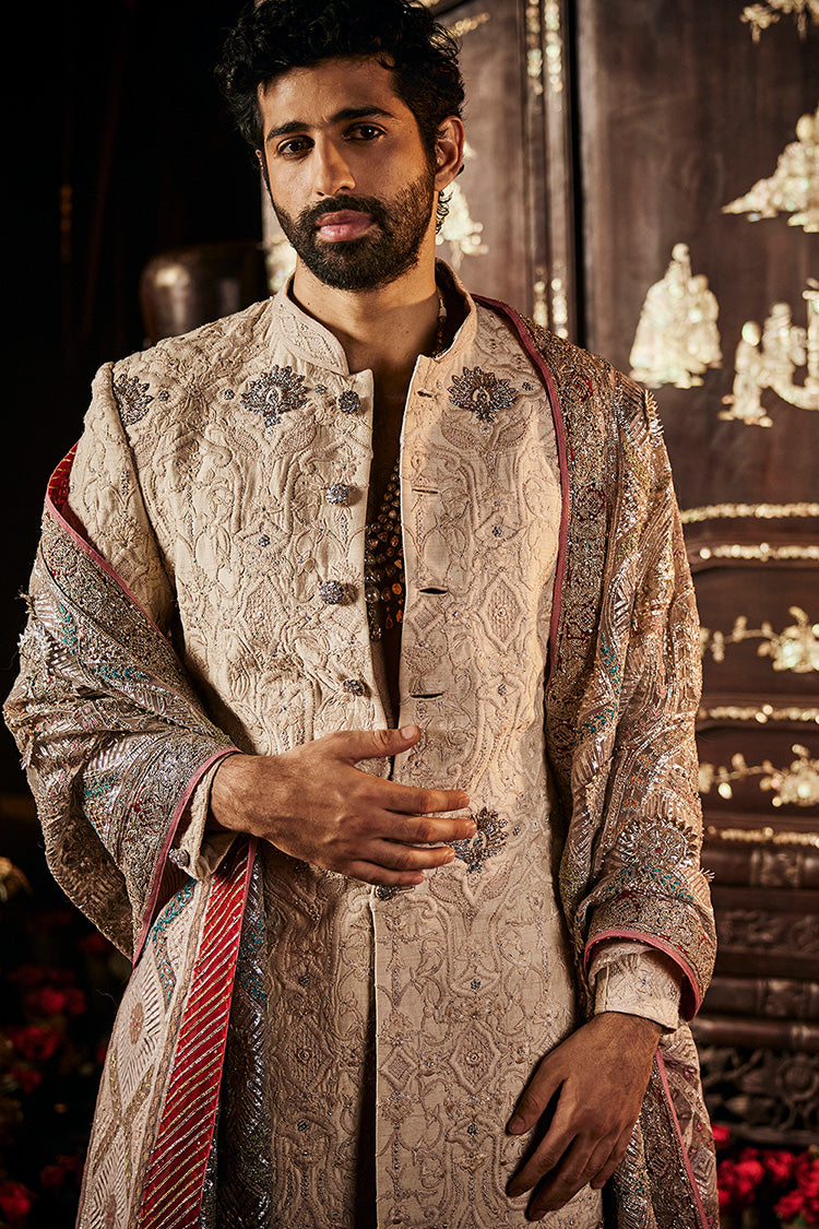 A Tonal Ivory Silk Sherwani