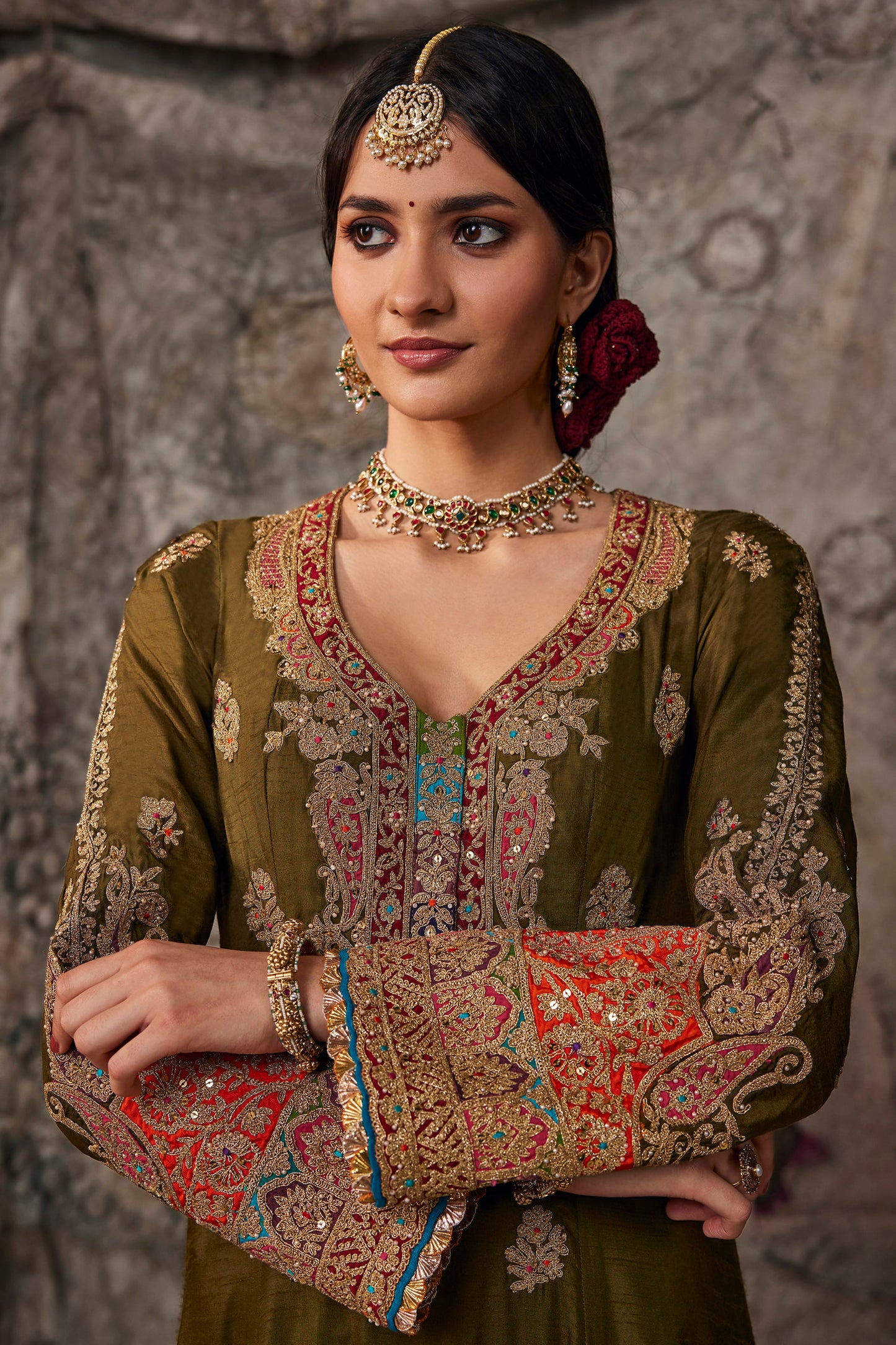 Deep Olive Green Embroidered Kurta Set