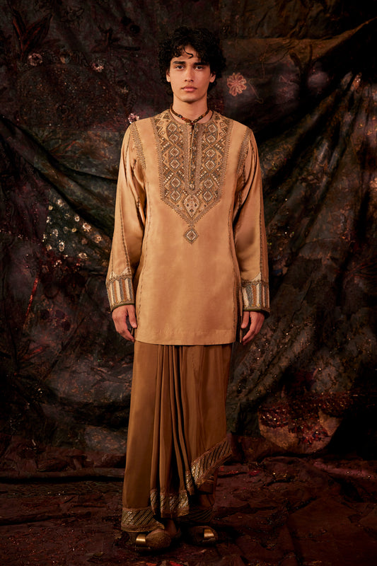 Gold And Brown Silk Lungi Set
