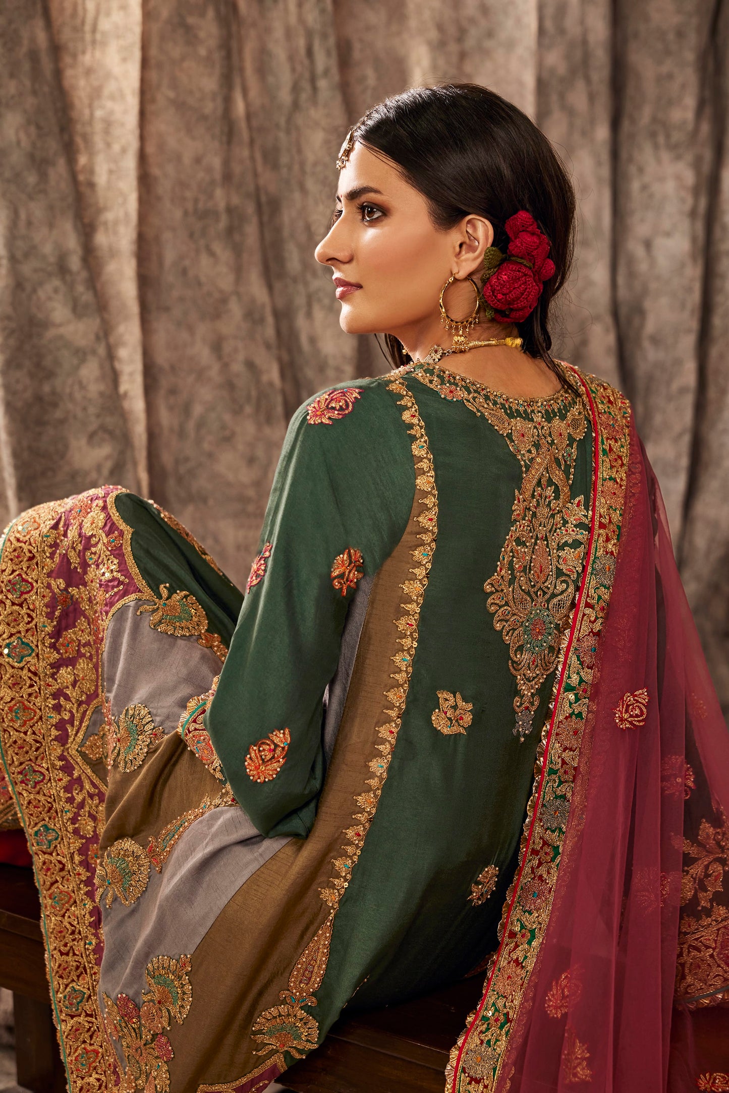 Teal Green Embroidered Flared Kurta Set