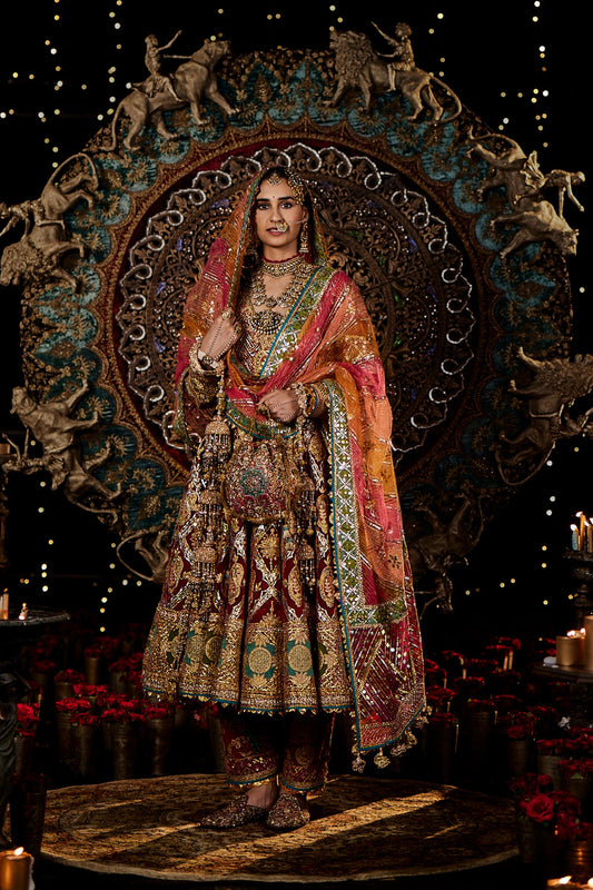 Deep Red and Gold Gota Kalidar Set