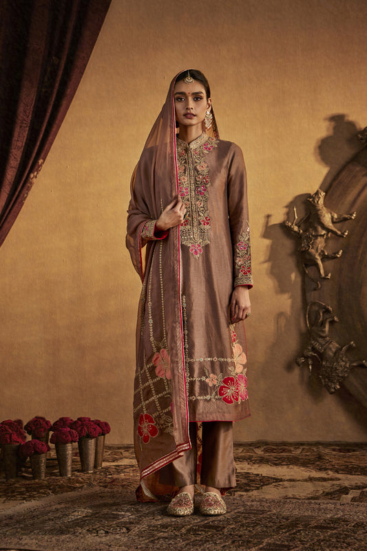 Woman in Burnt-Umber Kurta Set, embroidered South Asian traditional outfit, full length.