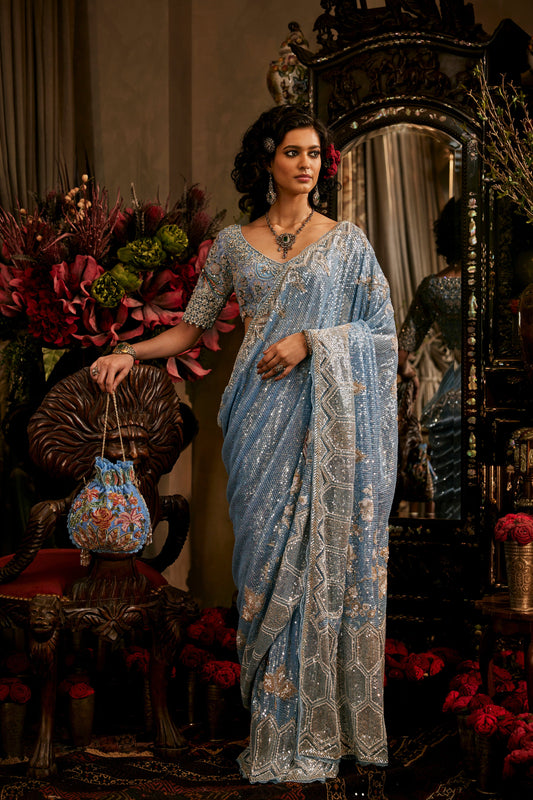 Blue Embroidered Tulle Saree