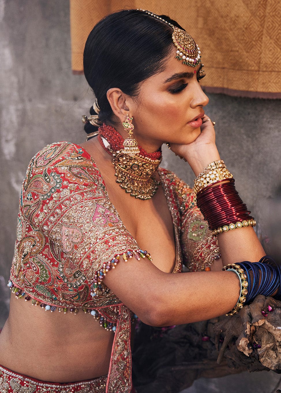 Scarlet Red Kasmiri Tilla Lehenga