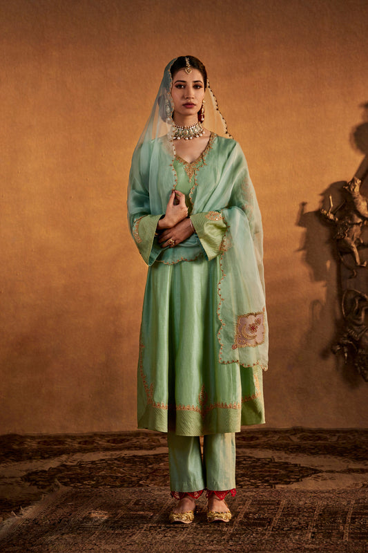 Woman in Blue embroidered kurta and pants, subtle traditional South Asian outfit, full length.
