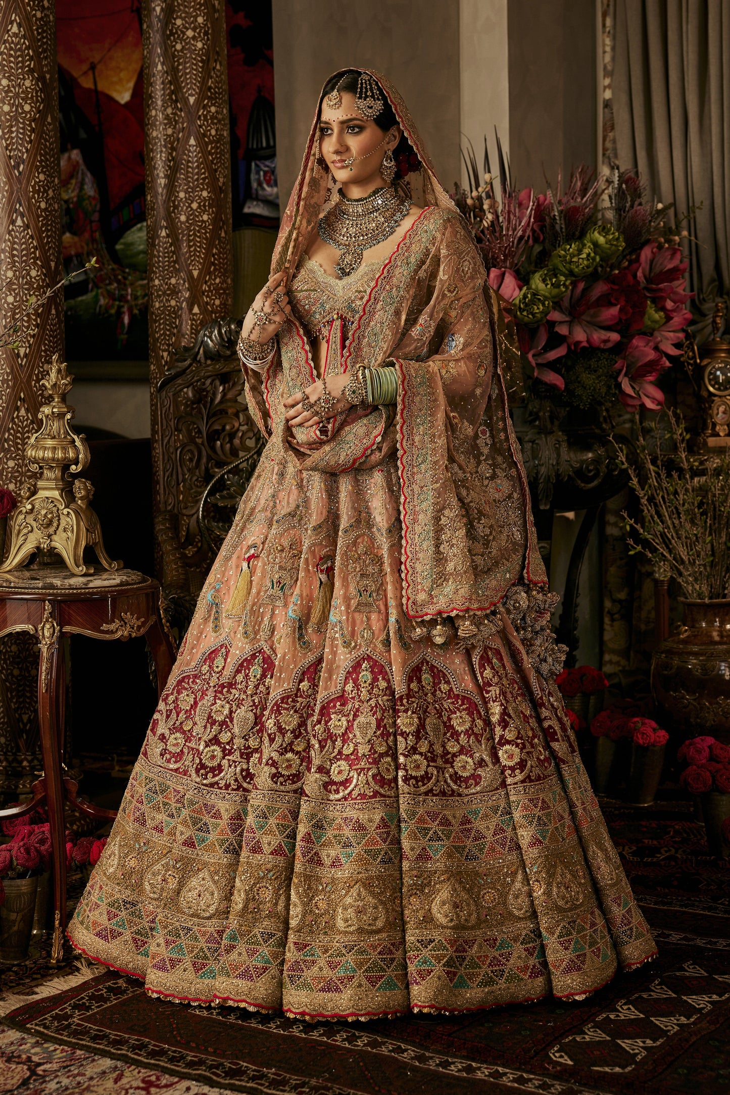 Peach Hued Dancing Figures Lehenga