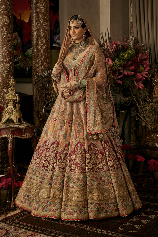 Peach Hued Dancing Figures Lehenga