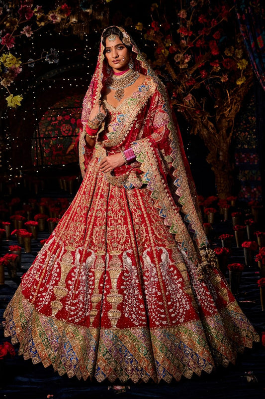 Deep Red Seed Pearl Peacock Lehenga Set