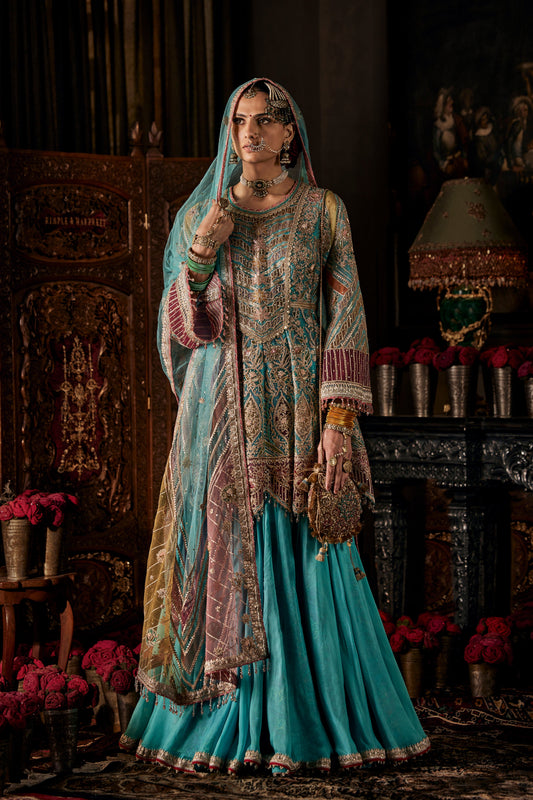 Firozi Tulle Short Kurta Sharara