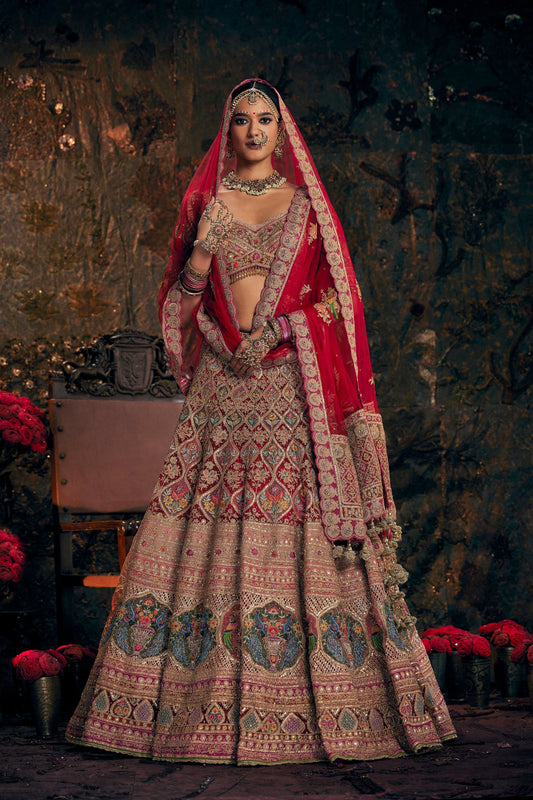 Garnet Red Floral Embroidered Lehenga