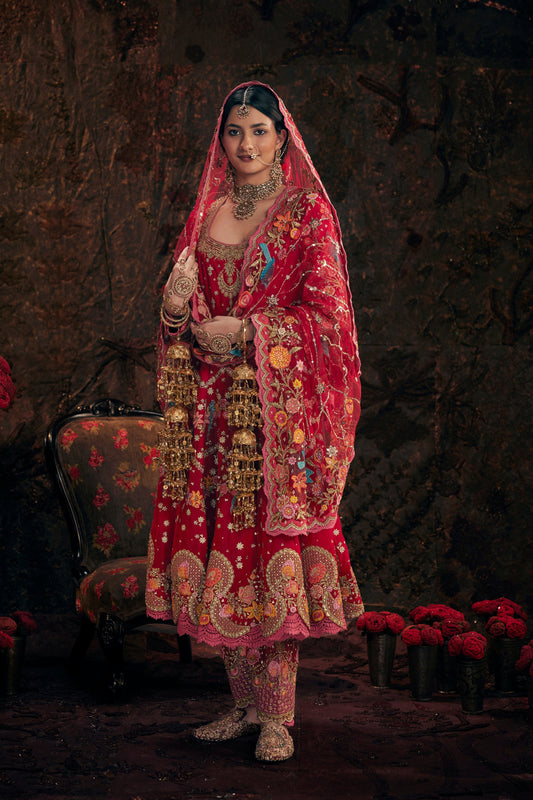 Deep Red Embroidered Kalidar Set