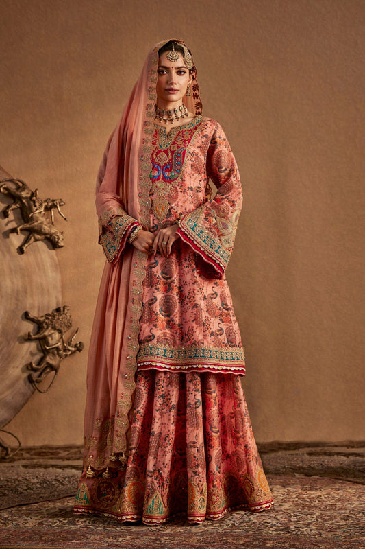 Model in an elegant blush peach sharara set with floral embroidery, traditional South Asian formal wear, flowing fabric.
