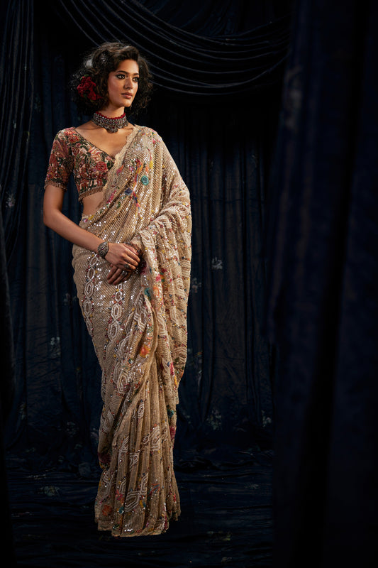 Champagne Hued "Potrait Of A Lady" Saree