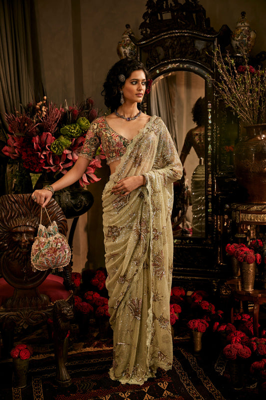 Pale Frosted Green Tulle Saree