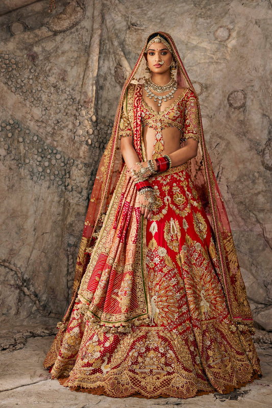 Red & Antique Gold Embroidered Lehenga