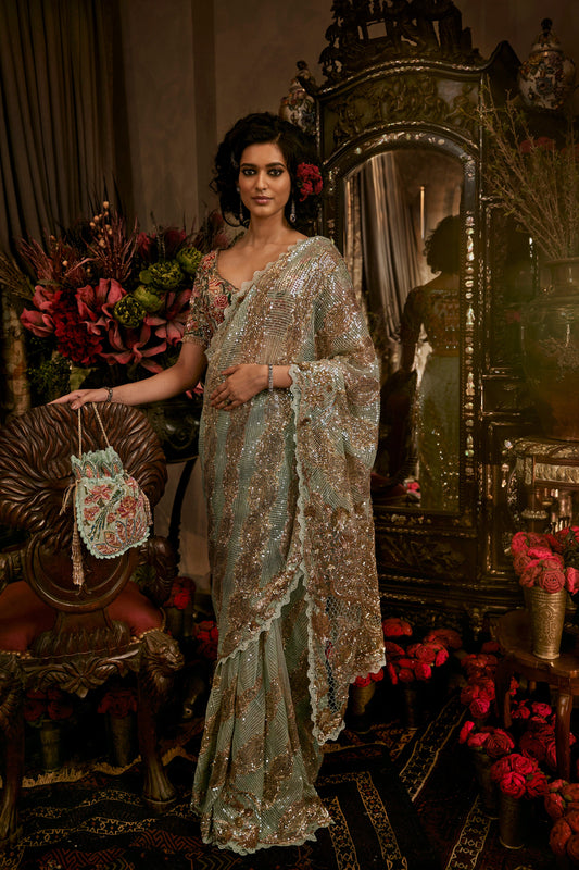 Frosted Blue "Potrait Of A Lady" Saree