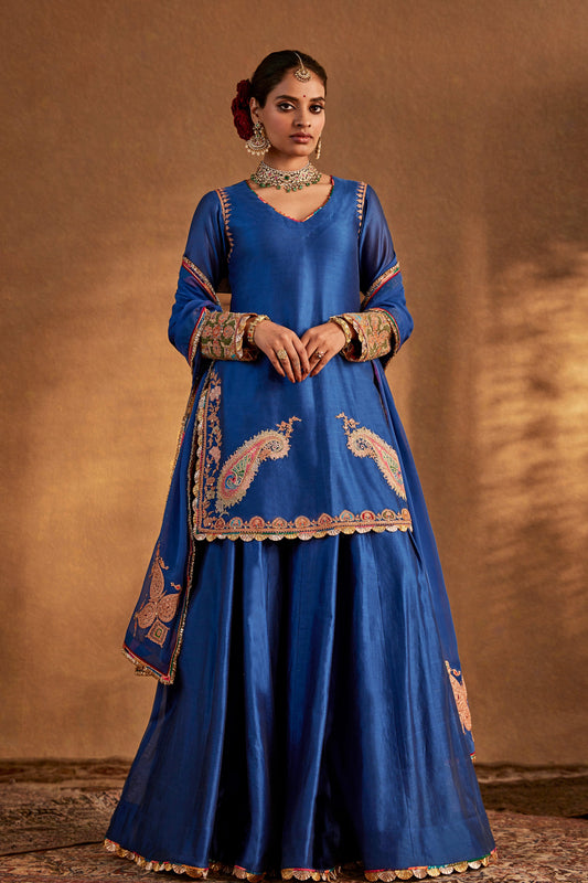 Model in a deep blue sharara set with peacock embroidery, flowing skirt, traditional South Asian formal dress, stunning.