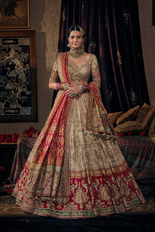 Ivory And Deep Red Floral Lehenga