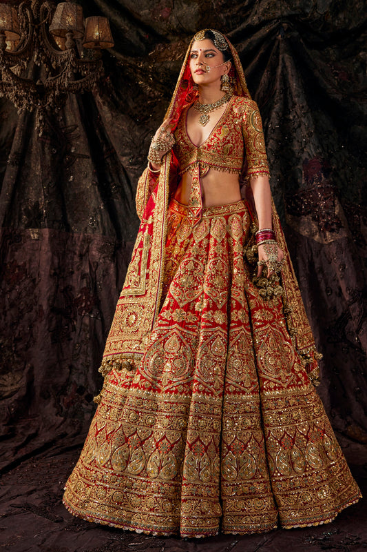 Deep Red Embroidered Georgette Lehenga