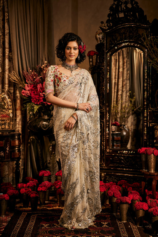 Ivory Sequinned Tulle Saree