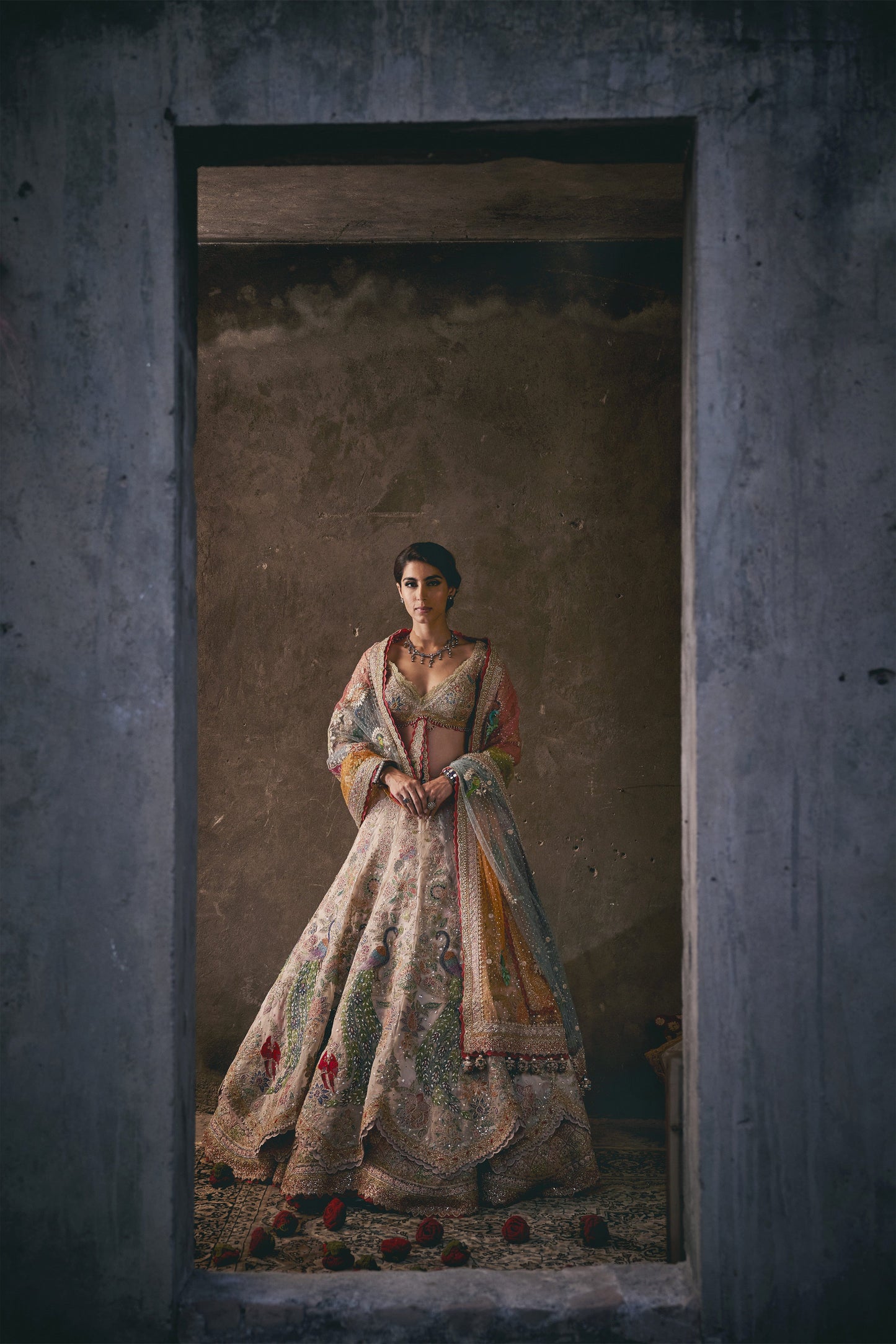 A Double Layered Ivory Tulle Lehenga