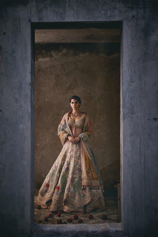A Double Layered Ivory Tulle Lehenga