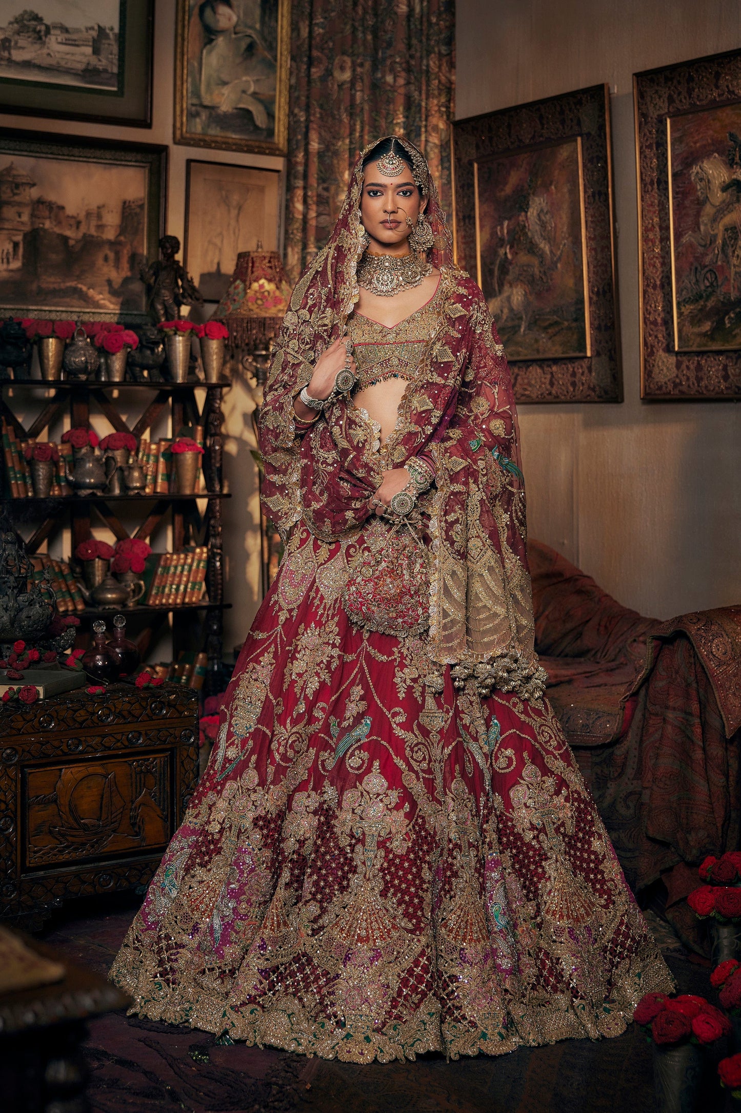 Garnet Red Archival Tulle Lehenga