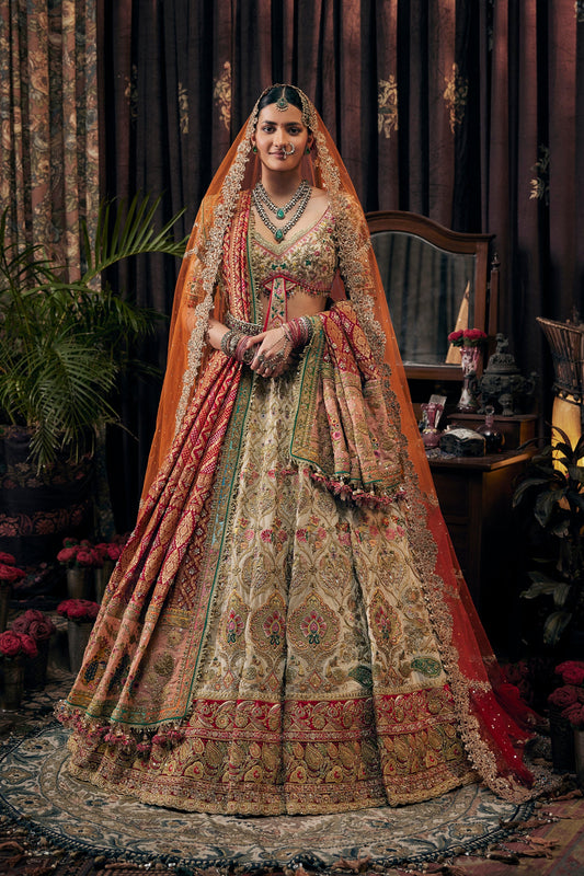 Ivory And Deep Red Lehenga