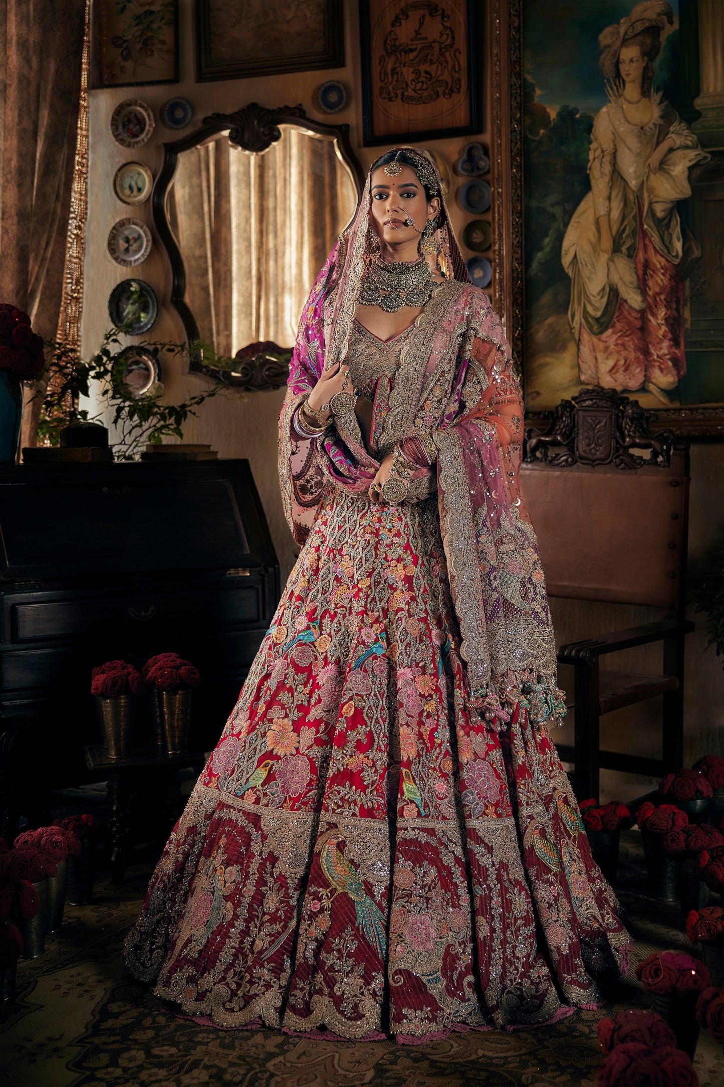 Deep Red Tulle And Silk Lehenga
