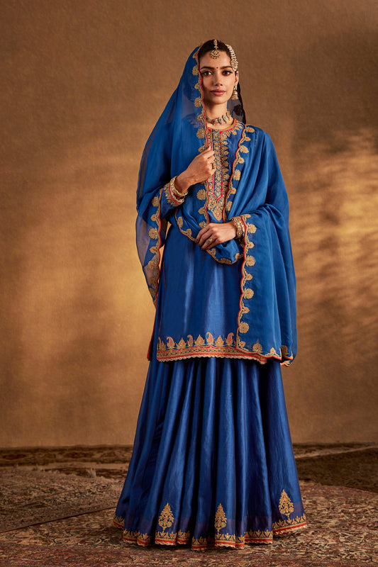 Model in a lapis blue silk sharara set, gold embroidery, traditional South Asian formal wear, flowing skirt, elegant.