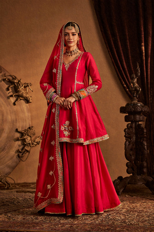 Woman in Rani Pink Avian Sharara Set, traditional embroidered South Asian attire, full length