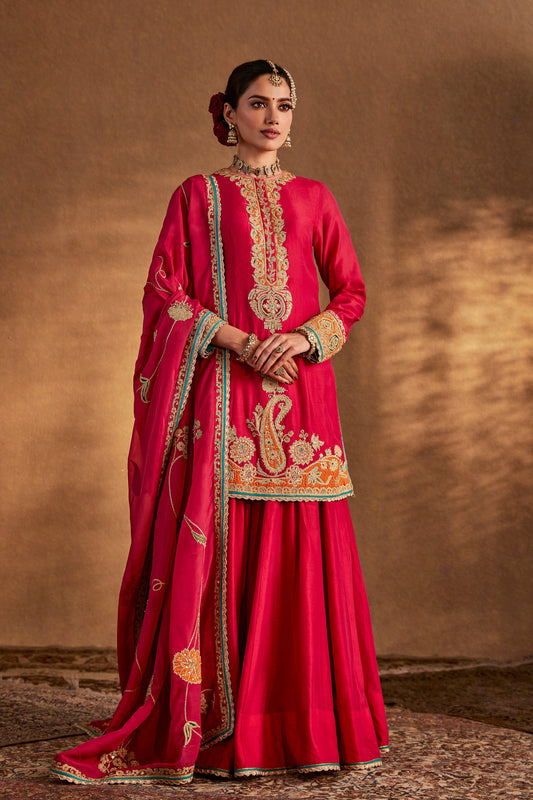 Woman in Deep Pink Floral Sharara Set, elegant traditional South Asian ethnic wear, full length.