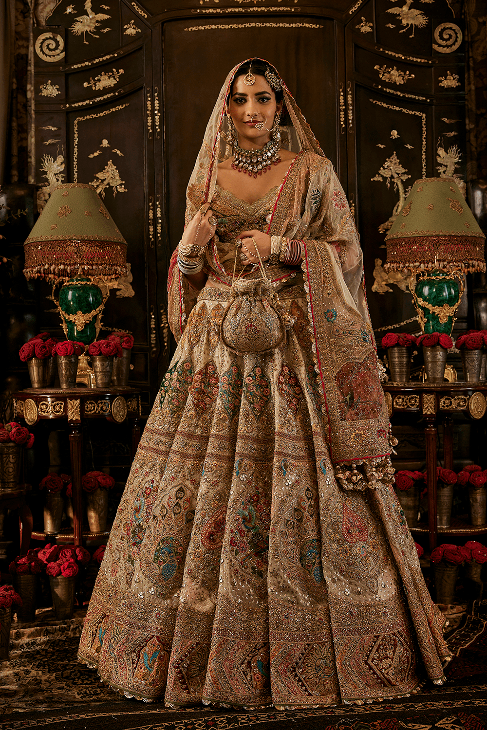 Ivory Mughal Minitature Lehenga Rimple & Harpreet Ivory Mughal Minitature Lehenga Rimple & Harpreet