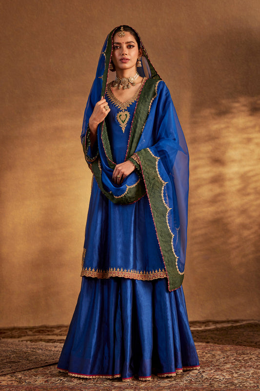 Model in a lapis blue kurta set with embroidered details, traditional South Asian fashion, everyday ethnic wear, comfortable.