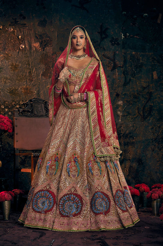 Earthy Garnet Red Avian Embroidered Lehenga