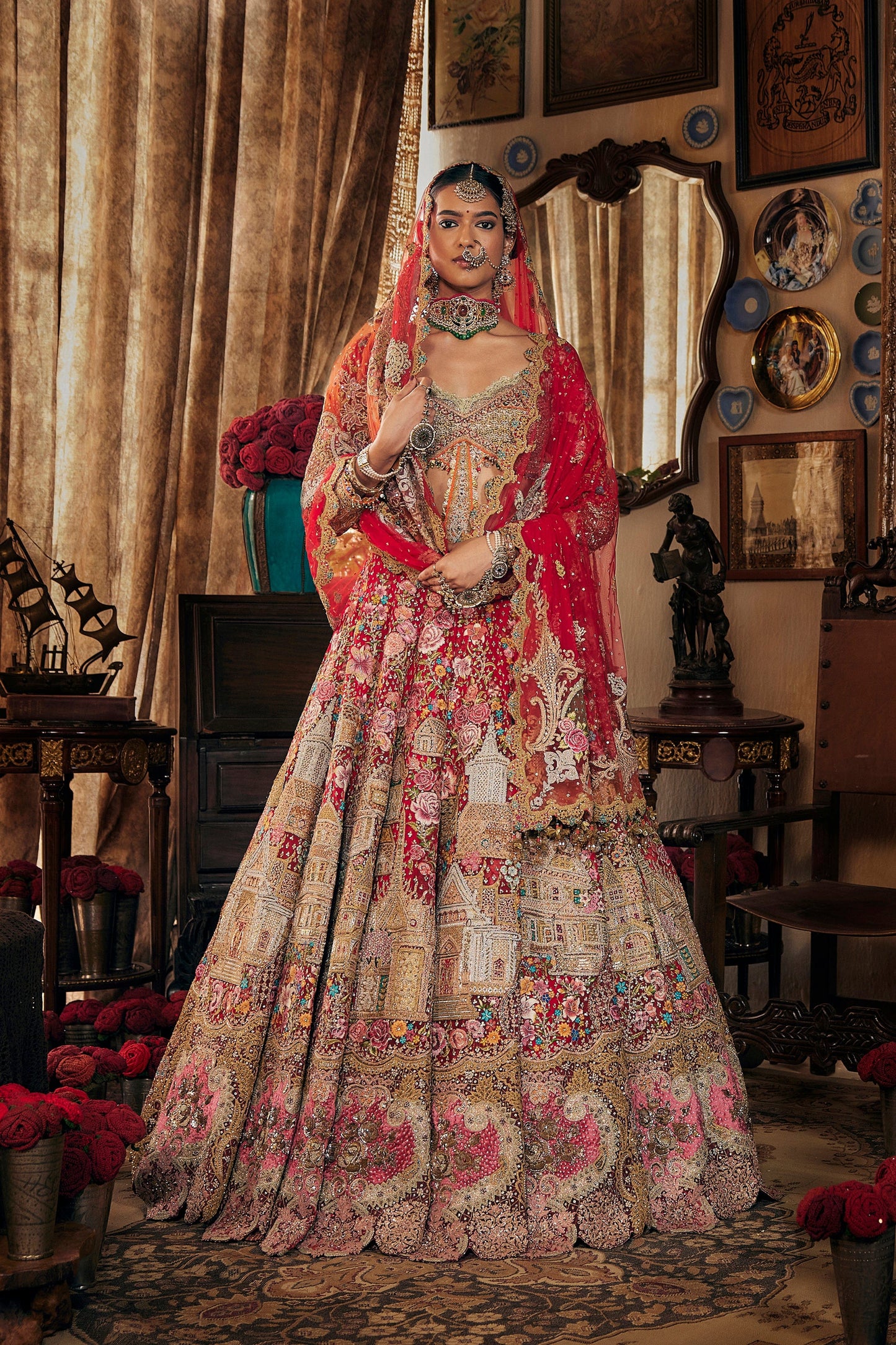 Crimson Red Cambodian Tulle Lehenga