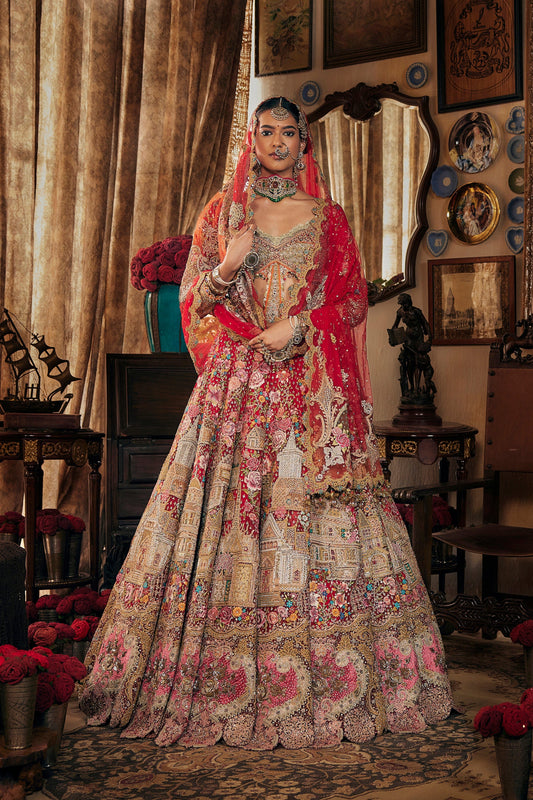 Crimson Red Cambodian Pagodas Lehenga