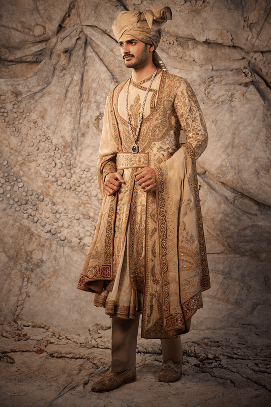 Fawn & Old Gold Embroidered Choga Set