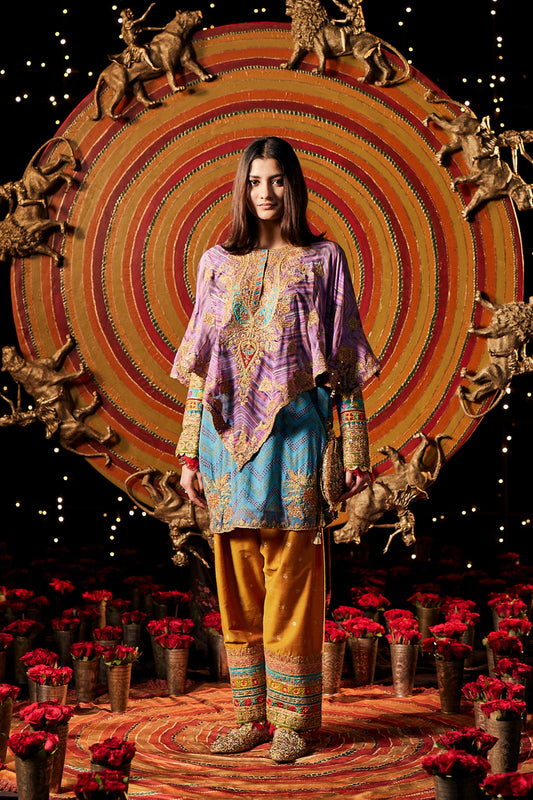 Lilac & Turquoise Bandhej Capelet-Kurti Set