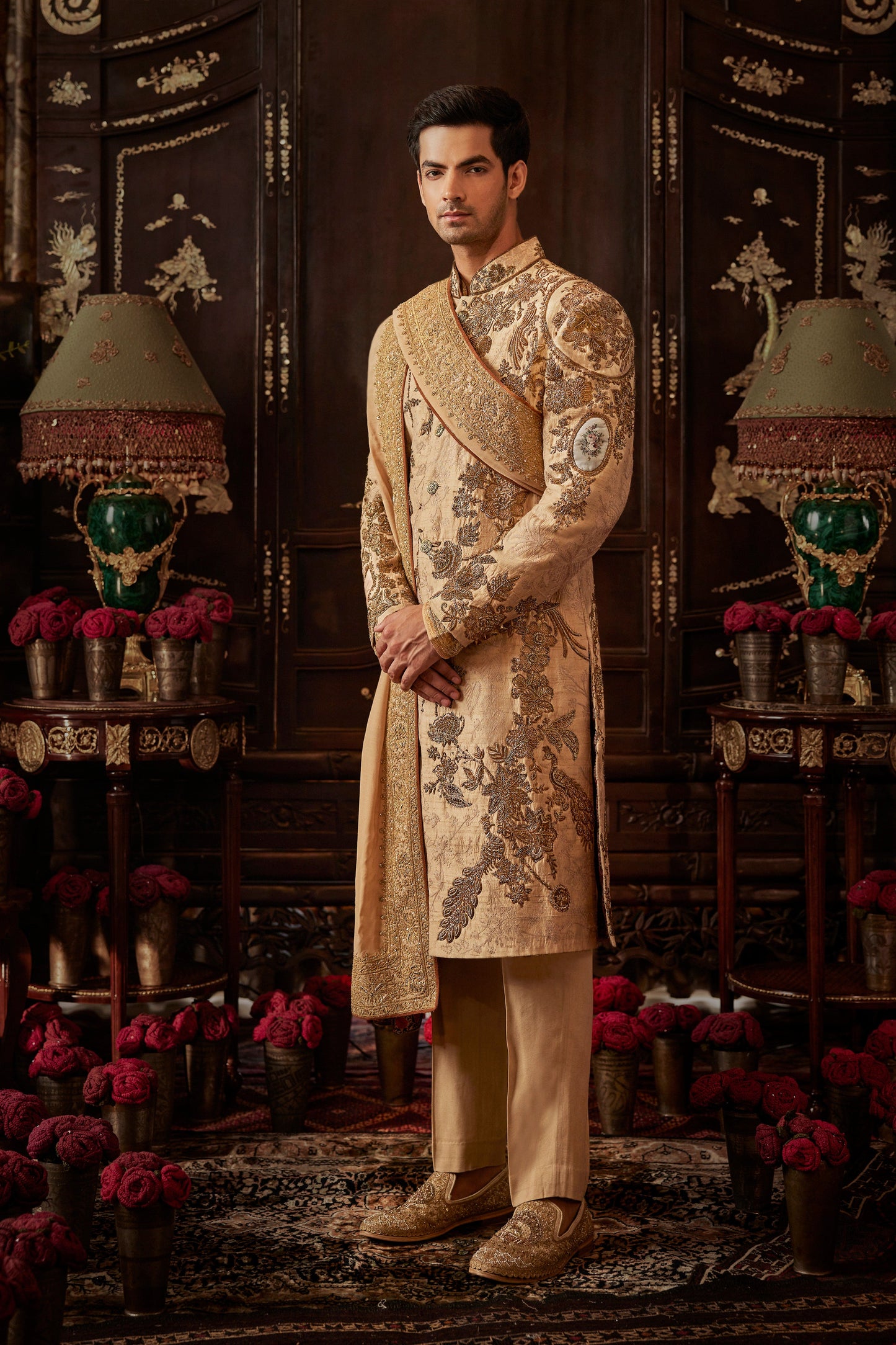 Beige Gold Silk Sherwani