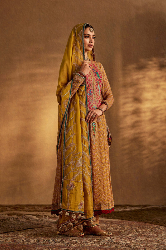 Woman in a rich mustard yellow traditional South Asian dress with colorful embroidery, elegant draping, cultural attire.
