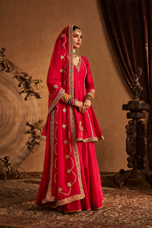 Woman in Rani Pink Avian Sharara Set, traditional embroidered South Asian attire, full length
