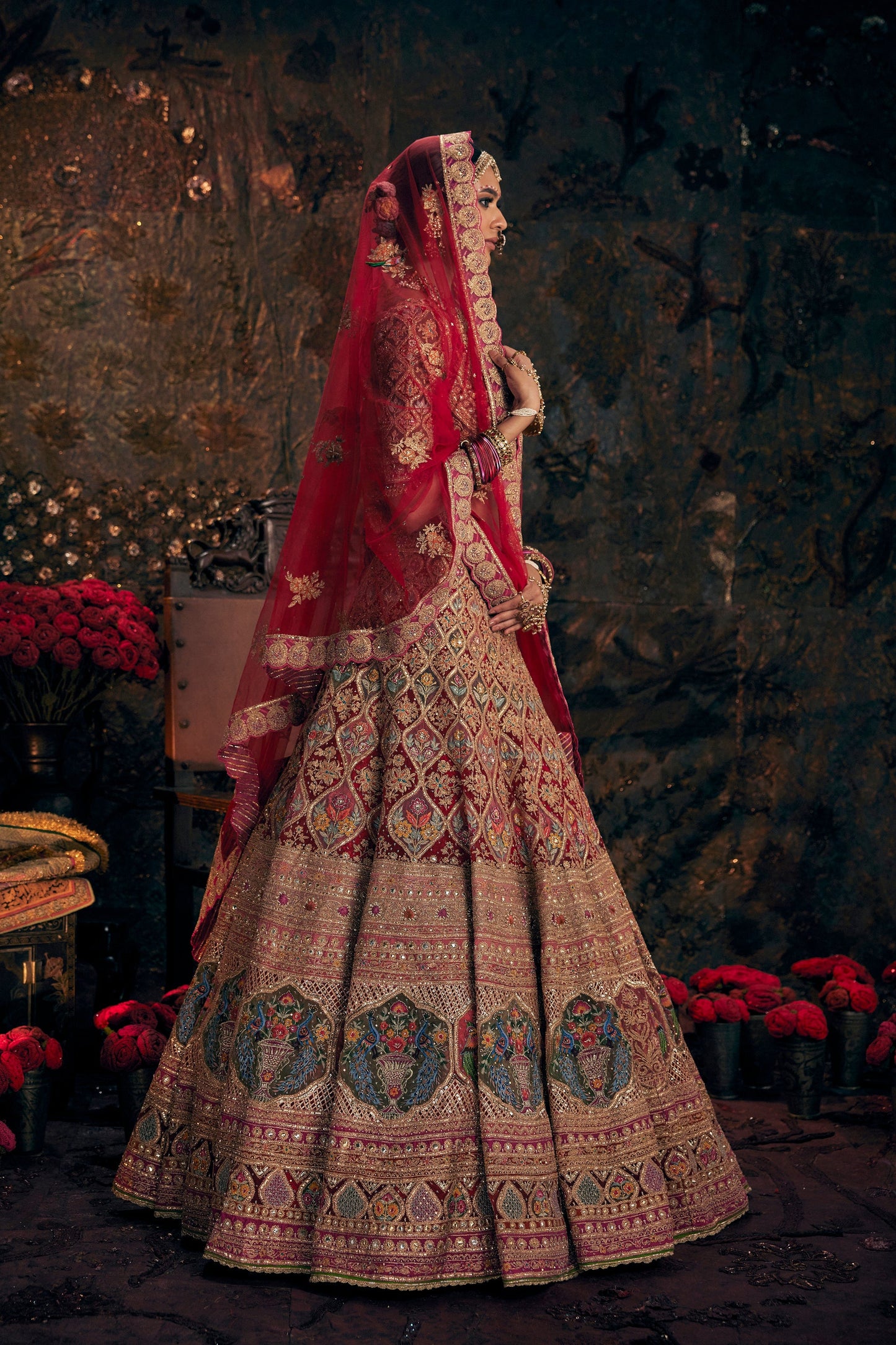Garnet Red Floral Embroidered Lehenga