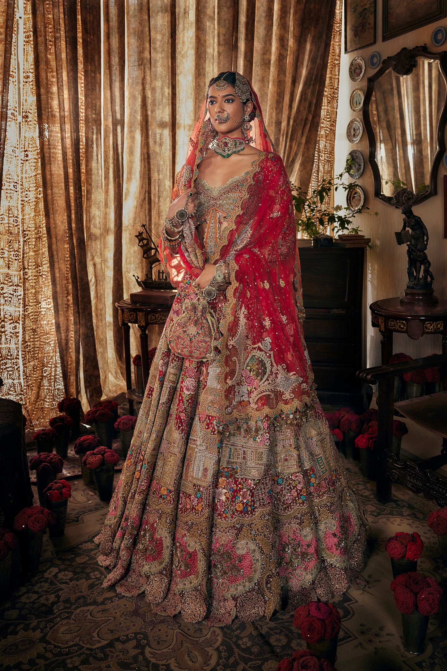 Crimson Red Cambodian Tulle Lehenga